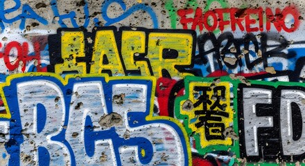 Vibrant graffiti art displayed on a textured urban wall with bold lettering