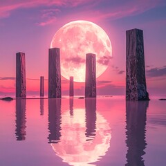 Dramatic scene with upright stones reflecting a glowing moon in water