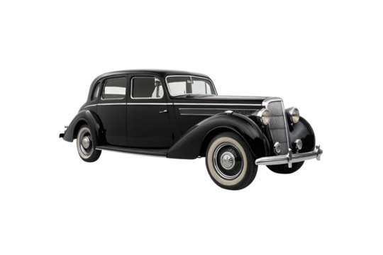 Elegant black antique car with whitewall tires and chrome grille from three-quarter front angle, isolated on a transparent background