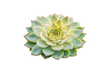Green and yellow succulent rosette with pointed leaves arranged in spiral pattern, isolated on a transparent background