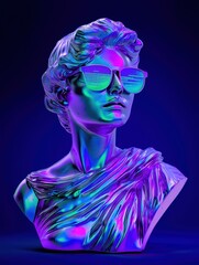 Classical female statue bust made of shiny liquid metal wearing fluorescent sunglasses, lit with purple and green neon lighting set against deep blue background. Futuristic cyberpunk backdrop