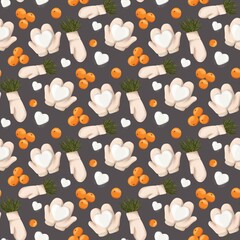 Winter seamless pattern with tangerines, pinecones, candles and red bows. Perfect for Christmas wrapping paper, textiles, cards and festive projects.