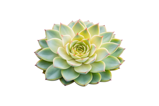 Green and yellow succulent rosette with pointed leaves arranged in spiral pattern, isolated on a transparent background