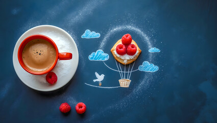 Flat Lay with Coffee and Raspberry Pastry Styled as Hot Air Balloon on Chalk-Dusted Dark Surface