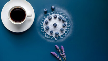 Flat Lay with Black Coffee, Blueberry Circle on Lace Sugar Pattern, and Lavender Sprigs on Dark Blue Background