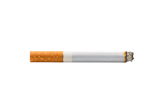 Lit cigarette with orange filter, white paper body, burning ash tip, realistic tobacco product rendering, isolated on a transparent background