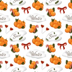 Winter seamless pattern with tangerines, pinecones, candles and red bows. Perfect for Christmas wrapping paper, textiles, cards and festive projects.