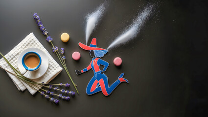 Flat Lay with Espresso, Lavender, Macarons, and Dynamic Cartoon Cutout on Black Background with Motion Effect