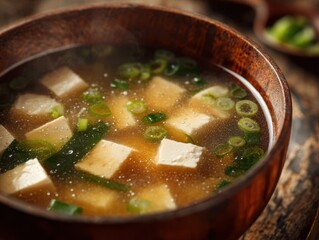 Steaming Bowl of Authentic Miso Soup: A Taste of Japan Featuring Silken Tofu, Wakame Seaweed, and Fresh Scallions in Rich Dashi Broth, Served in Rustic Wooden Bowl