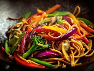 Colorful Vegetable Stir-Fry: Asian Cuisine with Noodles and Mixed Vegetables in a Wok for Healthy Eating, Vegetarian Dish and Delicious Meal with Broccoli, Peppers, Mushrooms