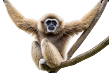 Gibbon with cream colored fur spreading arms wide while perched on curved branch, isolated on a transparent background