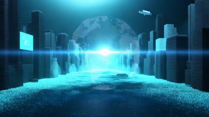 Abstract digital globe with binary code overlay on dark blue background - Powered by Adobe