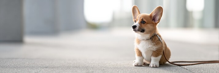 Corgi puppy sitting on an urban sidewalk, alert and curious in collar and leash, side view with plenty of horizontal copy space for banners or text overlays, peaceful daytime scene