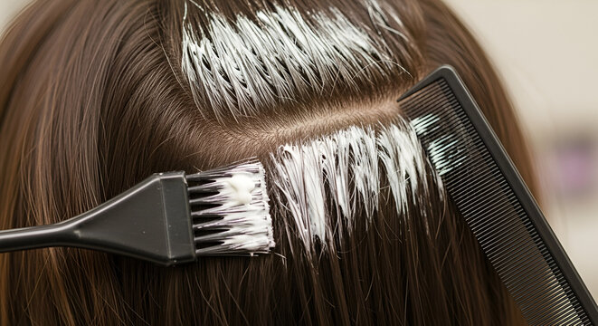 Professional Hair Coloring Application Stylist Meticulously Applying Dye to Client s Roots for a Fresh New Look or Root Touch Up in a Salon Setting