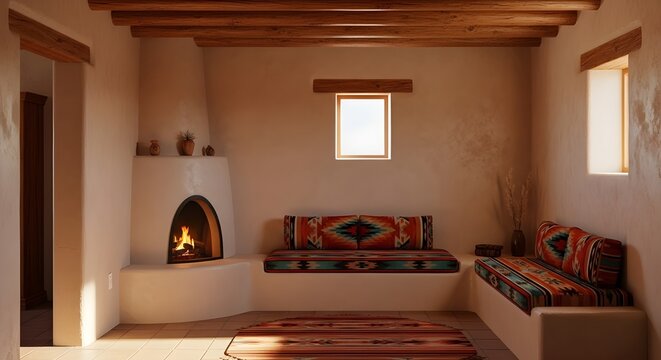 cozy southwestern living room with adobe fireplace