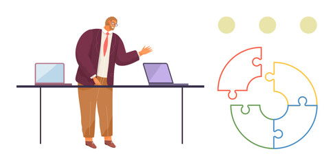 Man in business attire standing near table with laptops, engaging in presentation. Colorful segmented puzzle symbolizing strategy, teamwork, planning, problem-solving. Ideal for business, education