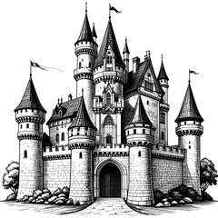 Obraz premium A detailed, monochrome drawing of a majestic castle with multiple towers, flags, and a grand entrance, possibly a fairy-tale illustration
