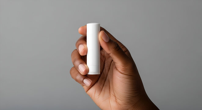 Dark Hand Holding Blank White Lip Balm Tube Mockup for Cosmetic Branding Beauty Product Design