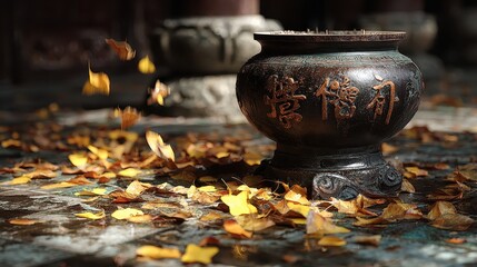 Autumn Leaves Around a Bronze Pot on Weathered Stone Floor at Dusk