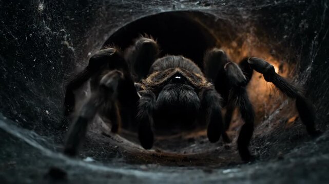 Scary tarantula spider emerging from its dark, web-filled burrow. Horror and fear concept of a giant hairy insect coming out of its lair.