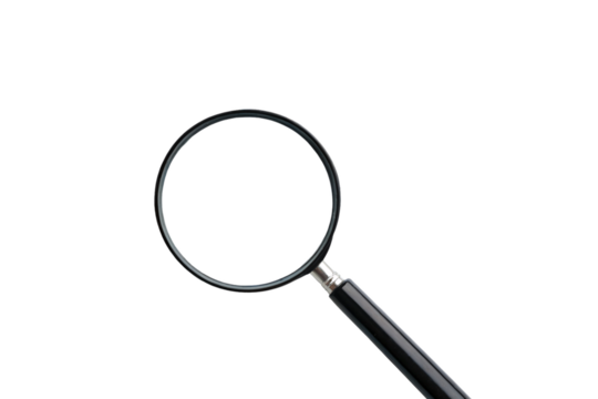 Classic magnifying glass with black handle and round clear lens in simple design, isolated on a transparent background
