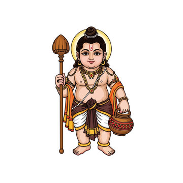 Depiction of Lord Ayyappan standing with pot and staff. Lord Ayyappan is an important deity in Hinduism with millions of devotees.