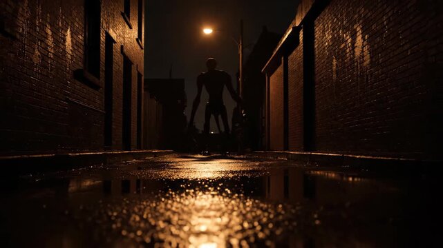 A tall monster-like silhouette stands under a street light at night in a dark, wet alleyway. Eerie horror scene footage.