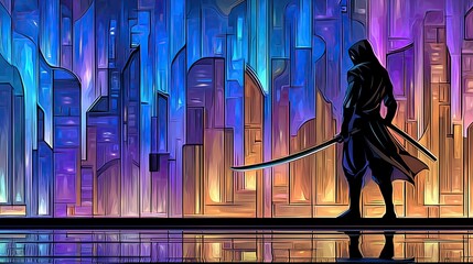 Mysterious Samurai Warrior with Sword Against Colorful Background