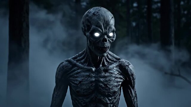 Scary monster with glowing eyes standing in a misty dark forest during halloween. Horror creature in mysterious wooded area footage.