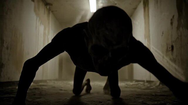 Creepy creature crawling in dark dusty abandoned building hallway. Horror monster footage for scary films and digital special effects.