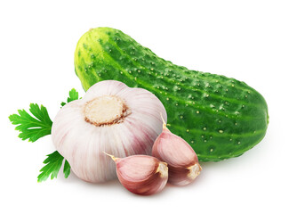 Fresh cucumber and garlic with two segments with parsley leaves isolated on white background