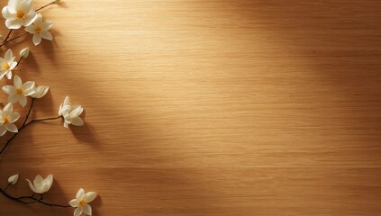 Fototapeta premium Delicate white flowers rest on a smooth wooden surface bathed in warm golden light. Soft shadows and natural tones create a peaceful, elegant, and cozy atmosphere. 