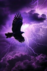Obraz premium Majestic eagle soars through stormy skies illuminated by vibrant violet lightning