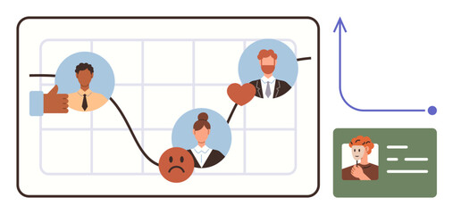 Chart featuring expressions, icons, and data trend graph tracking sentiment changes. Ideal for analytics, customer feedback, emotions, performance, HR engagement growth. Simple flat metaphor