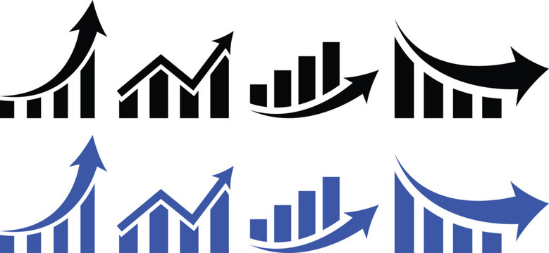 Growing bar chart arrow icon set. Business growing chart with arrow. economy rise and decline symbol. upward or downward trend bar chart sign