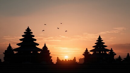 Sunset Over Traditional Pagoda Temples On Horizon With Birds In