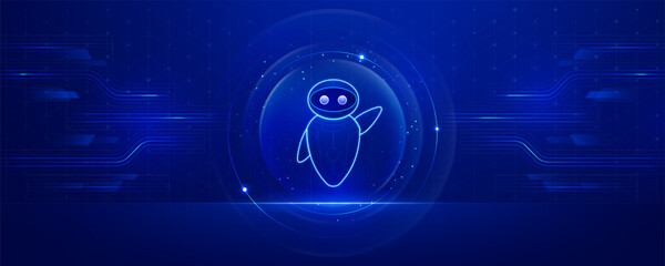 Glowing chatbot robot in a futuristic blue digital environment