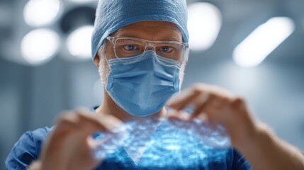 Professional medical doctor wearing surgical mask and glasses is interacting with a futuristic digital hologram using artificial intelligence inside a modern operating room
