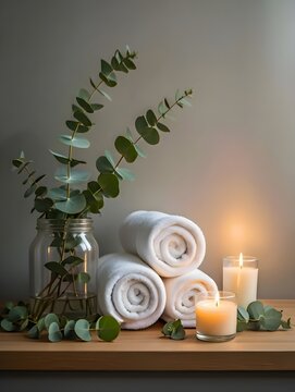 Peaceful spa corner featuring aromatherapy candles, pristine towels, and eucalyptus in soft ambient light