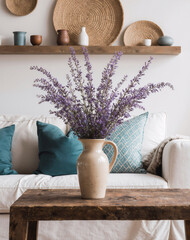 Close-up of a rustic ceramic vase with purple wildflowers on a reclaimed wood coffee table in a bohemian living room, soft daylight, natural textures and earthy tones