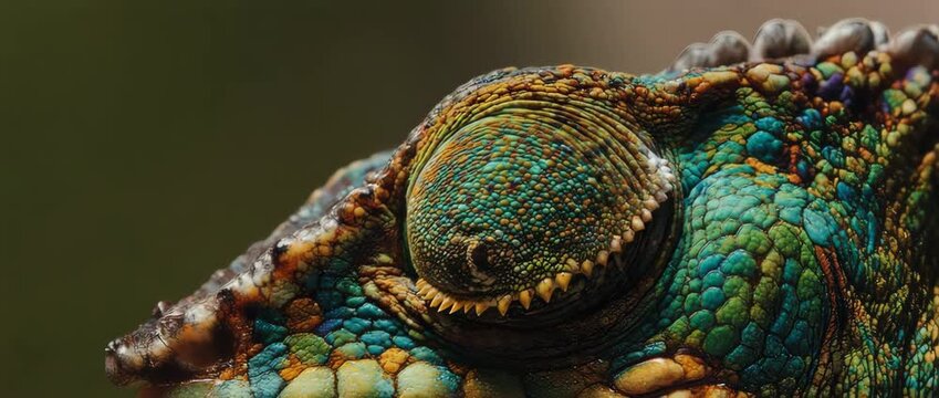 An extreme close-up, slow-motion shot of a panther chameleon's eye rotating. Showcasing vibrant skin texture and intricate detail