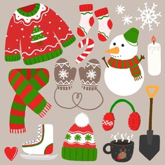 계절 겨울 크리스마스 아이템 크레파스 핸드드로잉(winter christmas items crayon hand drawing set)