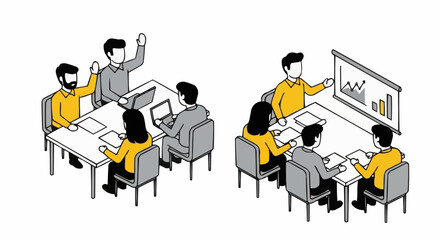 Isometric business meeting illustrations with team discussion and presentation, minimal vector corporate concept