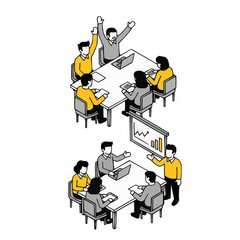 Isometric business meeting illustrations with team discussion and presentation, minimal vector corporate concept