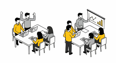 Isometric business meeting illustrations with team discussion and presentation, minimal vector corporate concept