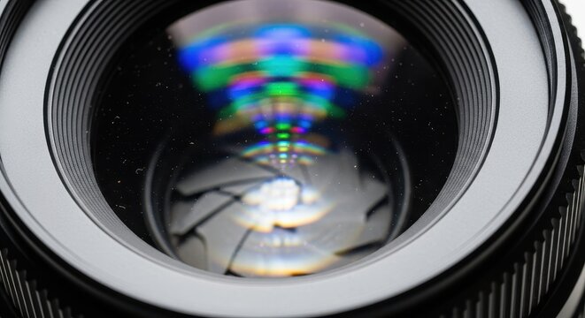 Camera lens with aperture blades reflecting colorful lights