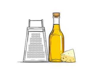 Minimalist illustration of olive oil bottle alongside a classic box cheese grater and cheese