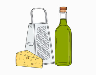 Minimalist illustration of olive oil bottle alongside a classic box cheese grater and cheese