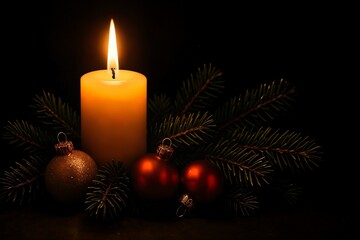 Christmas Candle with Baubles and Pine Branches on Black Background