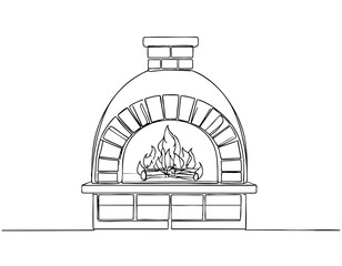 Minimalist one-line drawing of a traditional brick pizza oven with a visible fire inside